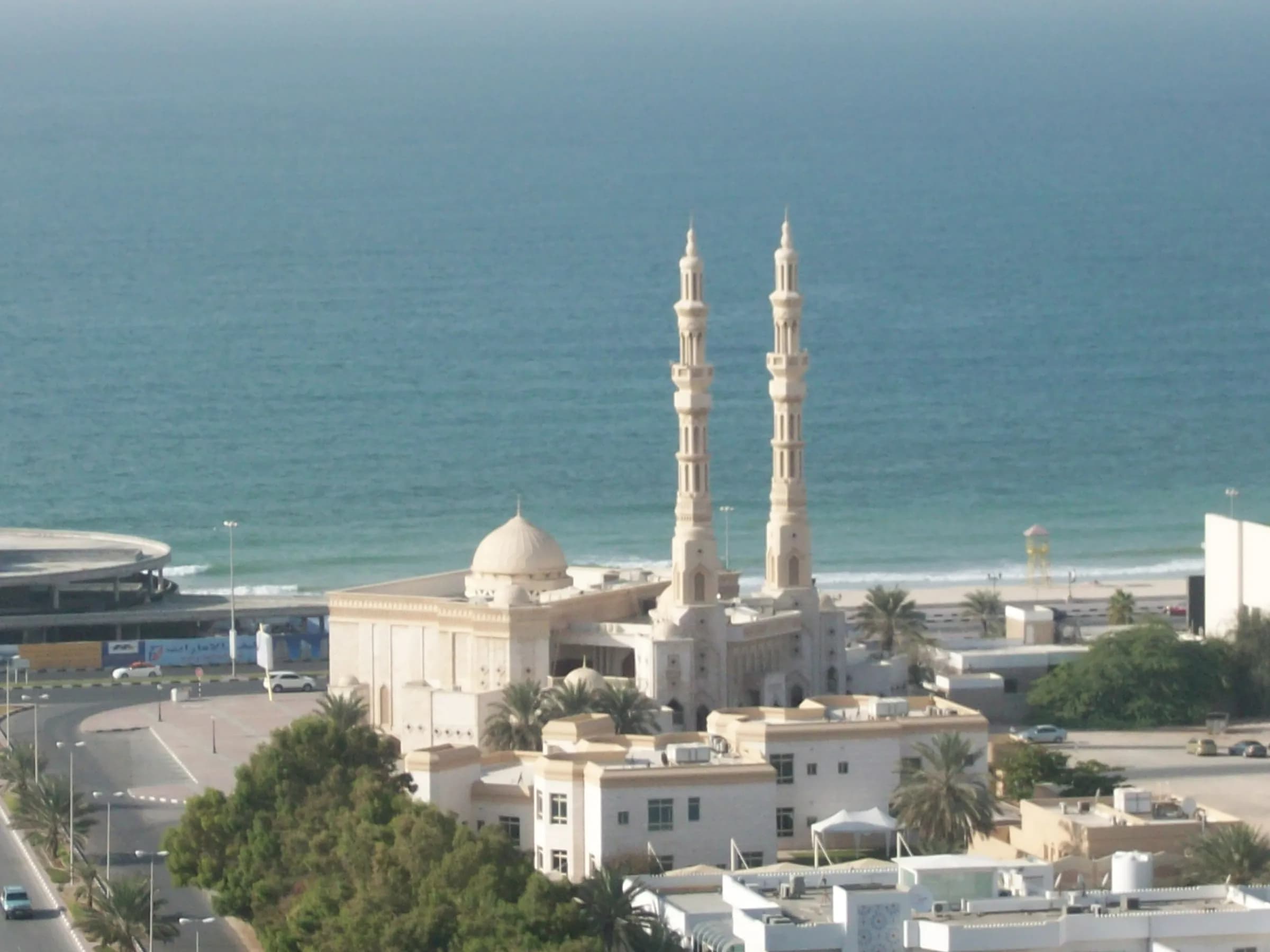Mosque on the Ajman Corniche beside the sea