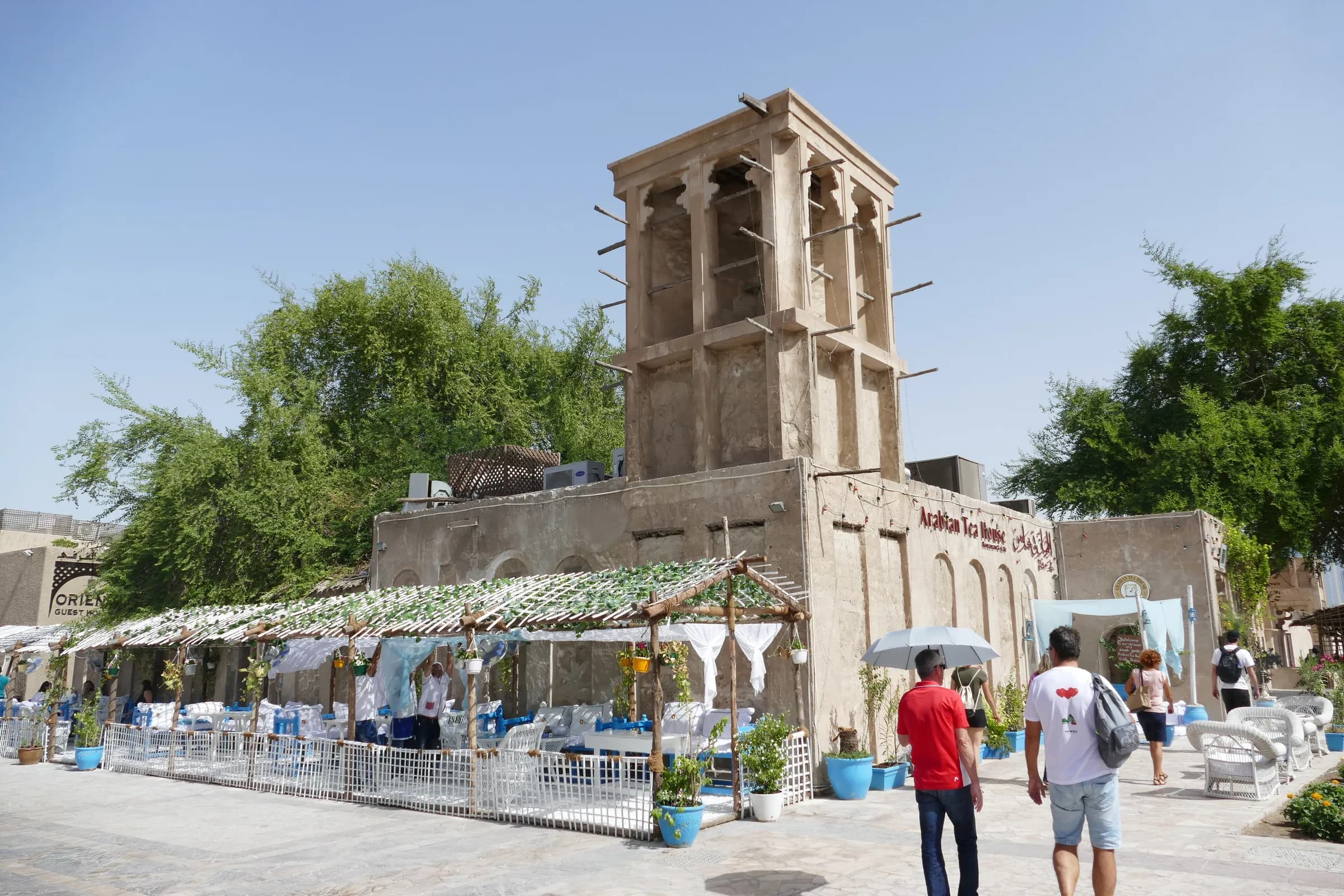 A wind tower and café in Dubai's Al Fahidi Historical Neighbourhood