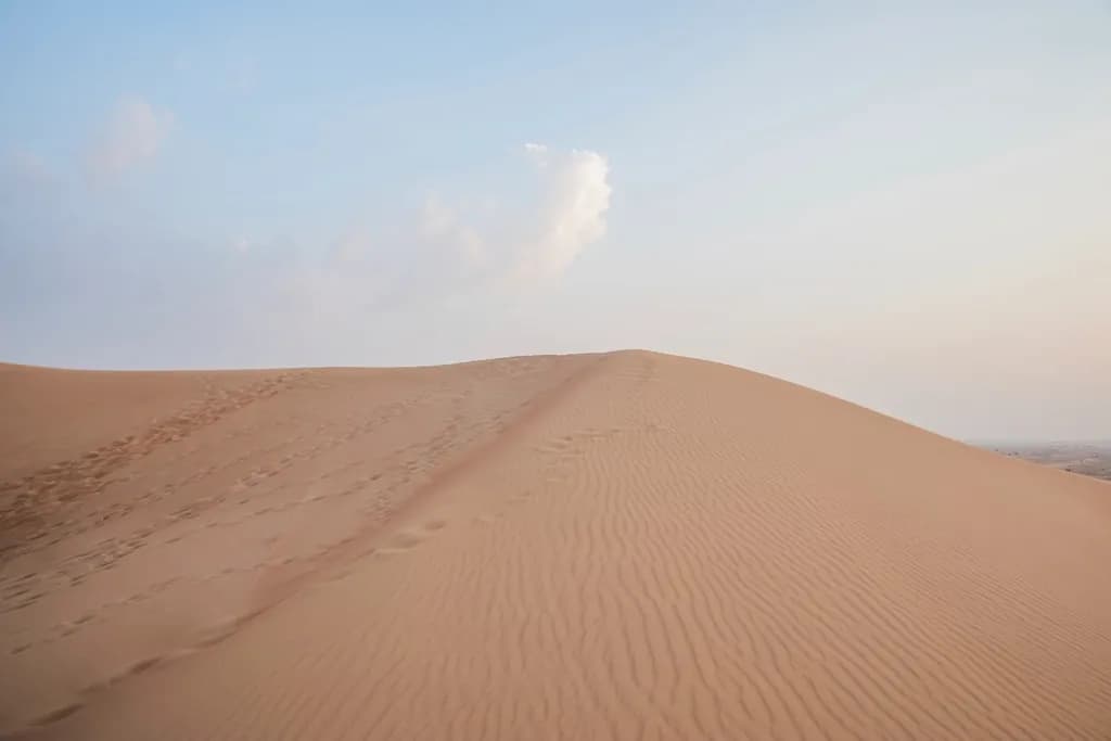Rolling golden sand dunes under a blue sky