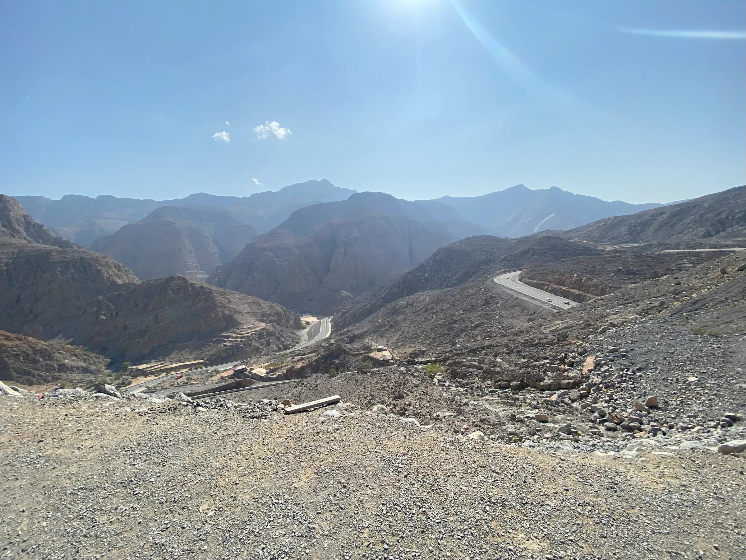 The Jebel Jais mountain ranges and winding road in Ras Al Khaimah